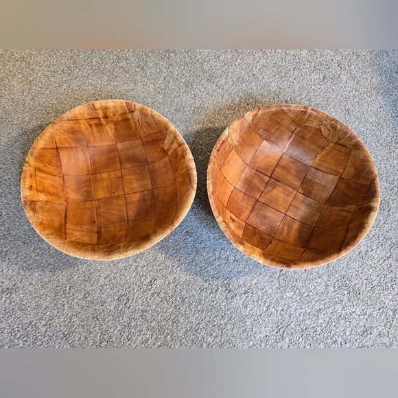 Vintage MCM Formosa Wood Woven Checked 9 Piece Salad Bowl Spoon & Fork Set - Picture 5 of 10